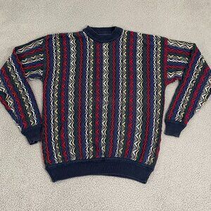 Vintage 3D Knit Sweater Men XL Navy At Ease Crewneck